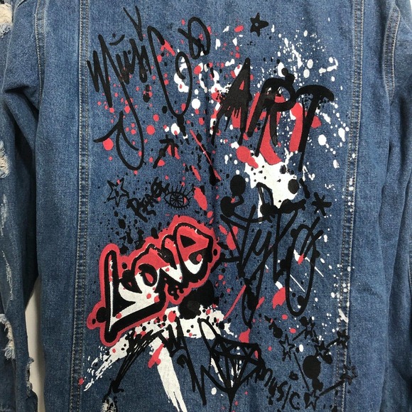 Boho Denim Jacket Graphic Distressed Size M - Picture 9 of 9